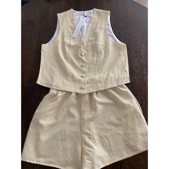 Yellow & White Striped Linen Vest & Shorts Set - Womens medium - Button Front - Picture 1 of 7